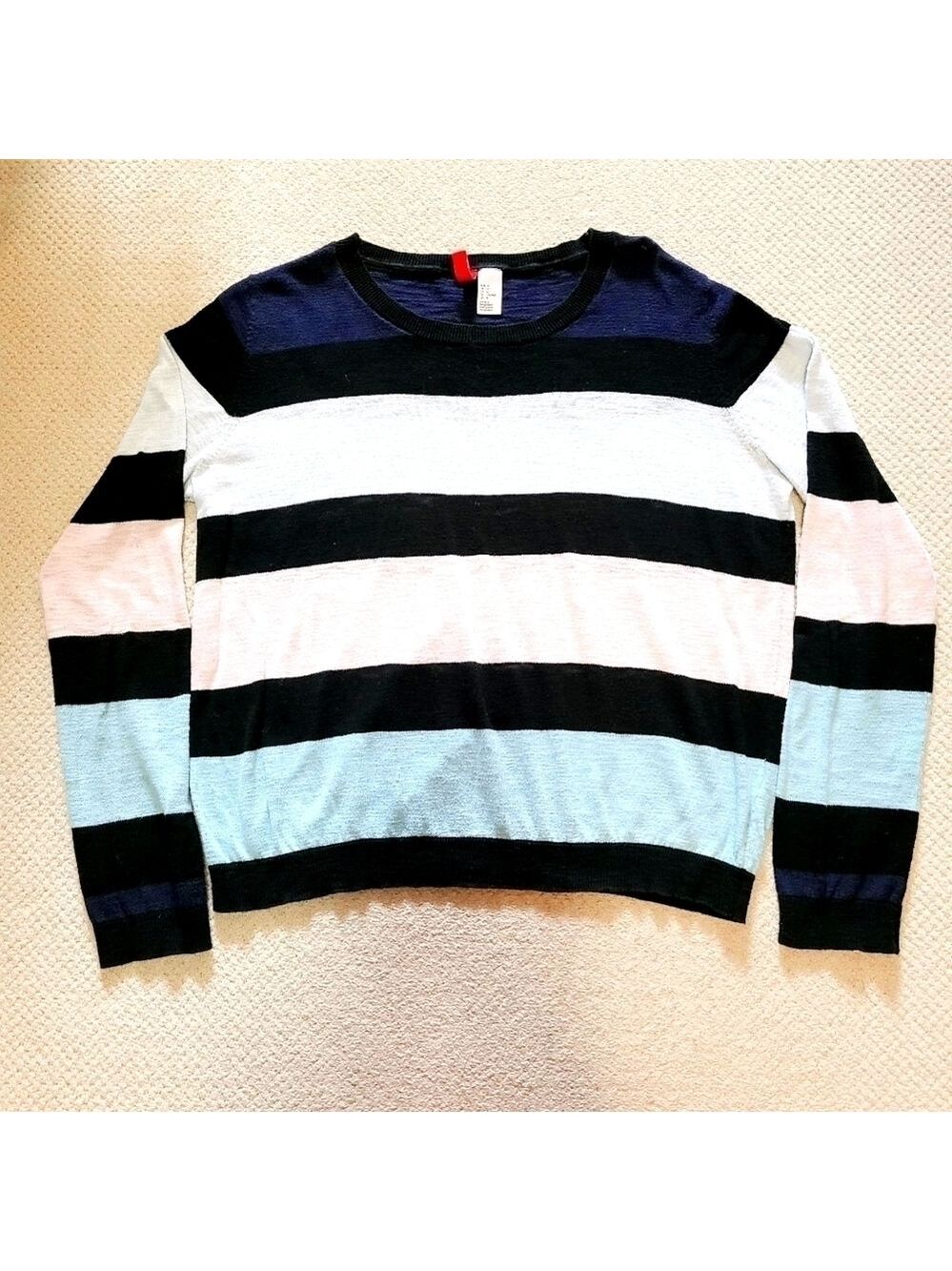 DIVIDED Striped Knit Sweater Crewneck Long Sleeves Ribbed Blue Pink White Medium